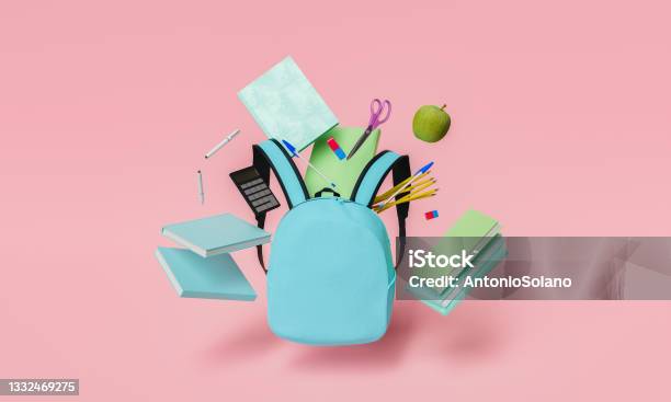 School Supplies Floating With Blue Backpack And Red Pastel Background Stock Photo - Download Image Now