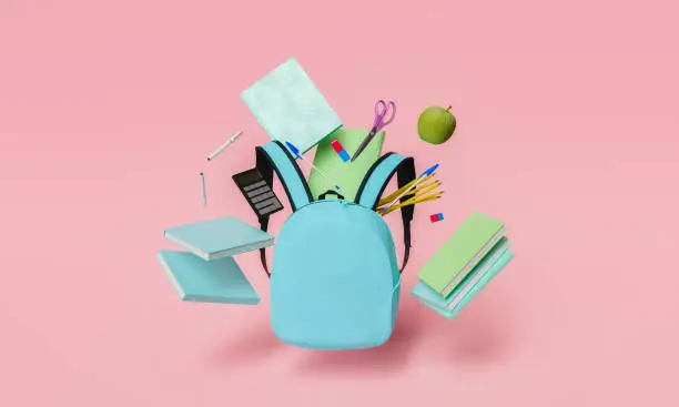 school supplies floating in the air with blue backpack in foreground and red pastel background. back to school and education concept. 3d rendering