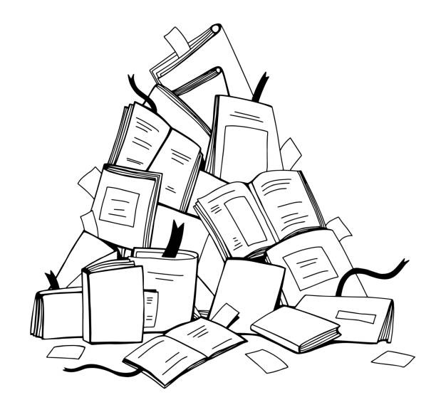 istock a bunch of textbooks, books and notebooks. vector black white graphic flat illustration. isolated on white.