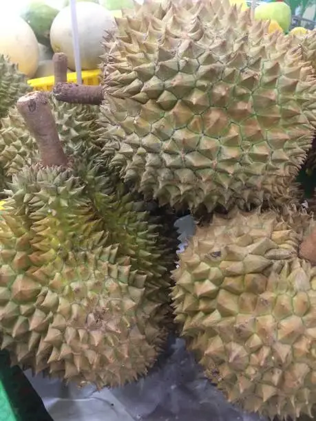 Photo of Large pile of fresh ripe durians.