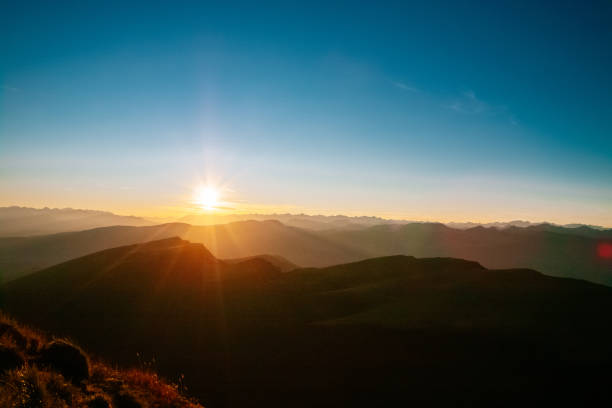 Aerial view of Italian alps. Mountains in sunset.