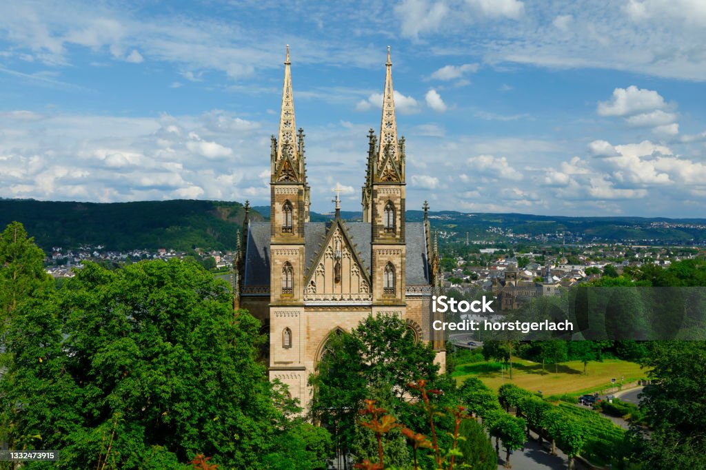 Pilgrimage church of St. Apollinaris, Remagen, Germany Pilgrimage church of St. Apollinaris (Apollinariskirche) built in the middle of the 19th century above the Rhine near Remagen. 19th Century Stock Photo