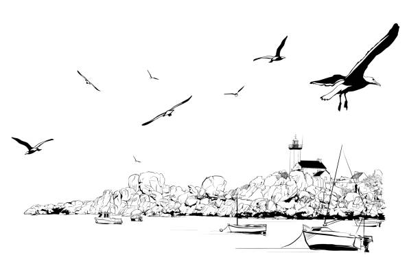 브리트니 해안, 프랑스, 프랑스에 작은 항구 - direction sea lighthouse landscape stock illustrations