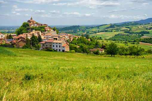 Landscape on the Tortona hills (Colli Tortonesi), in the Alessandria province, Piedmont, Italy, at springtime. View of Sarezzano