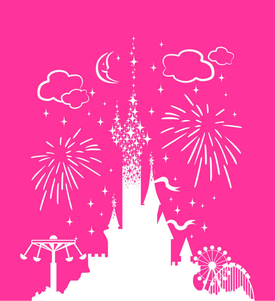 silhouette pink fairytail castle for princess Princess Castle. Fantasy pink palace on the background of fireworks and stars. Fairytale Royal Medieval Paradise Palace. Cartoon vector illustration. disney character free background stock illustrations