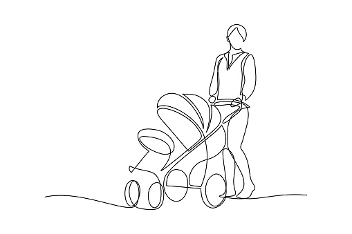 Mother on a walk with a baby in continuous line art drawing style. Woman pushing a stroller. Baby carriage black linear sketch isolated on white background. Vector illustration