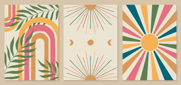 abstrakte boho-illustrationen - regenbogen-, sonnen-, mondphasen. kunst der 60er jahre, boho wohnkultur, wandplakate aus der mitte des jahrhunderts - 60s design stock-grafiken, -clipart, -cartoons und -symbole