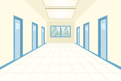 Empty School Hallway Interior With Closed Classroom Doors