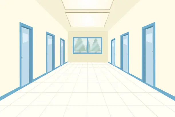 Vector illustration of Empty School Hallway Interior With Closed Classroom Doors