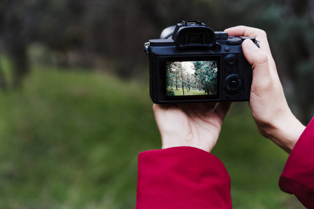 istock unrecognizable backpacker caucasian woman taking picture with camera in forest during winter or autumn season. Lifestyle and nature 1332480848