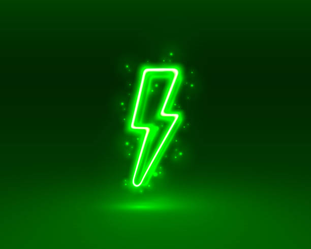 illustrazioni stock, clip art, cartoni animati e icone di tendenza di segno al neon di cartello dei fulmini sullo sfondo verde. vettore - technology backgrounds flash