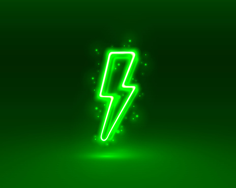 Neon sign of lightning signboard on the green background. Vector illustration