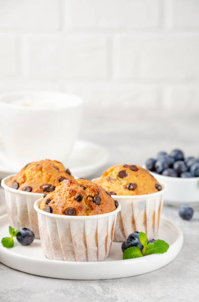 istock Muffins with chocolate chips on a white plate with cup of coffee and fresh blueberries on a gray concrete background. Copy space. 1332483541