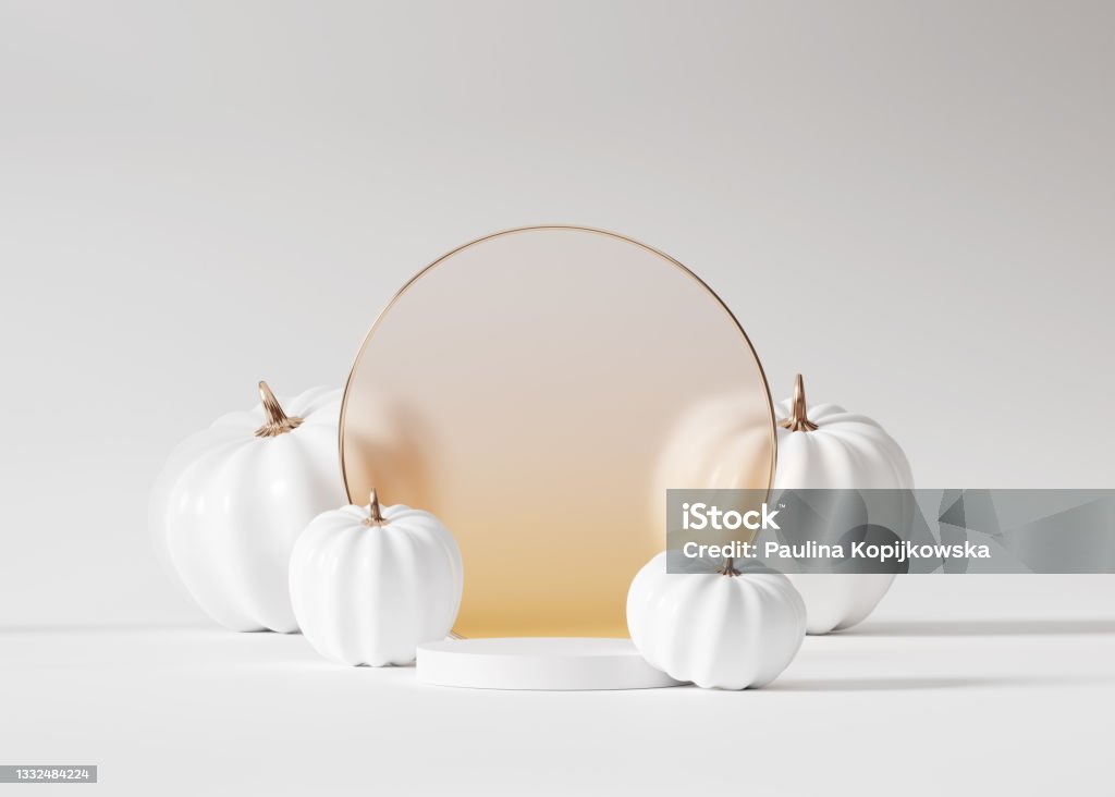3D Halloween background pedestal podium on white, pumpkin display with gold and orange frame. Jack o lantern showcase, beauty cosmetic, product promotion. Abstract banner, spooky luxury 3D render Social media or online shop banner for product promotion Pumpkin Stock Photo