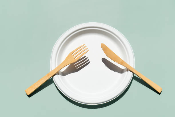 istock Eco friendly bamboo cutlery set and biodegradable plates on light green pastel background. Zero waste, plastic-free  lifestyle concept. 1332486727