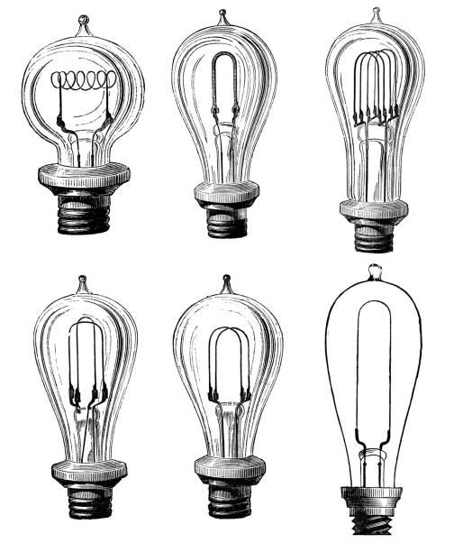 Collection of antique illustrations of scientific discoveries: Light bulb Collection of antique illustrations of scientific discoveries: Light bulb electricity drawings stock illustrations