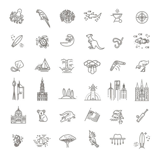 ilustraciones, imágenes clip art, dibujos animados e iconos de stock de conjunto de gráficos vectoriales. cultura australiana, animales, tradiciones. signo, elemento, emblema, símbolo - famous place melbourne australia built structure