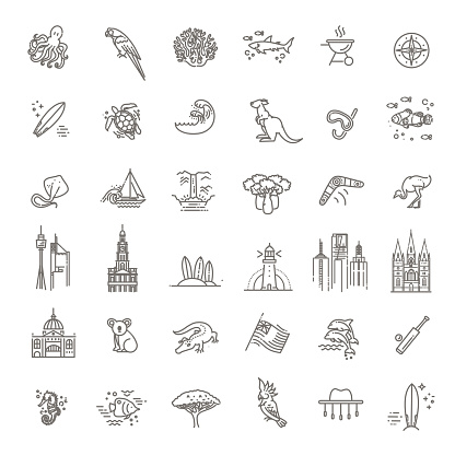 Vector graphic flat icon images representing symbols and landmarks of Australia