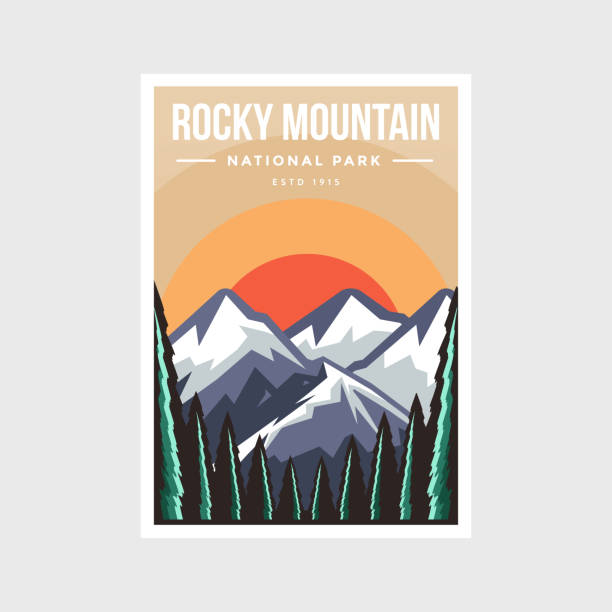 ilustraciones, imágenes clip art, dibujos animados e iconos de stock de ilustración vectorial del cartel del parque nacional de las montañas rocosas - parque nacional