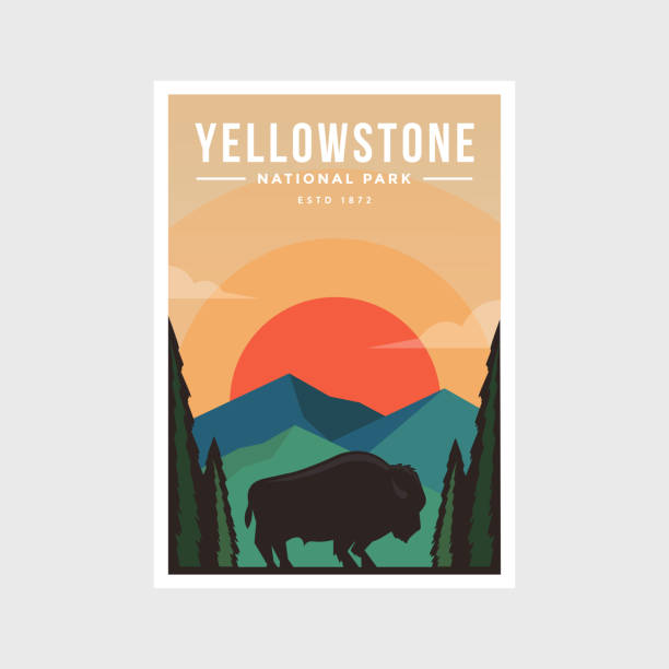 yellowstone national park moderne poster vektor illustration - nationalpark stock-grafiken, -clipart, -cartoons und -symbole