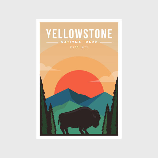 illustrazioni stock, clip art, cartoni animati e icone di tendenza di illustrazione vettoriale poster moderno del parco nazionale di yellowstone - national park
