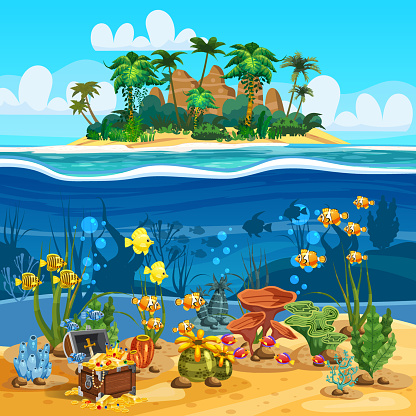 Tropical Island in ocean. Underwater sea bottom, coarl reef, fish, seaweeds, ancient treasure cheast. Sea landscape coast, tropical, palms, beach, sand, adventure, game. Vector illustration cartoon style