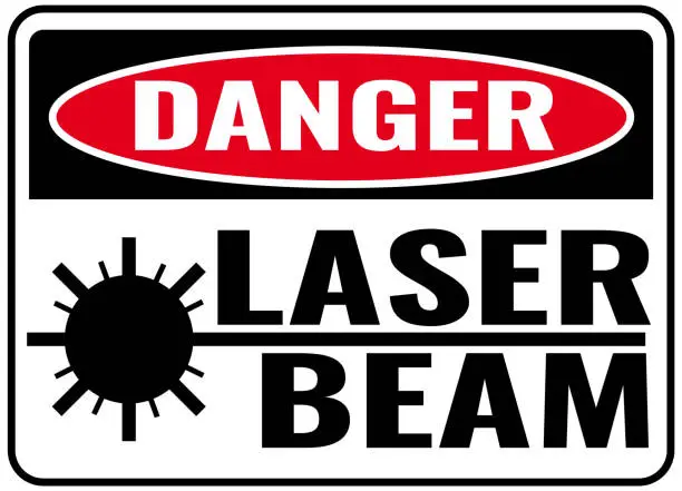 Vector illustration of Danger laser beam sign. White, Red, Black background warning label. Symbols safety for hospitals and medical businesses