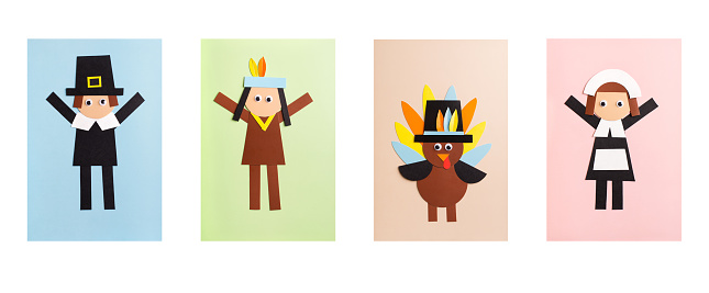 paper craft for kids. DIY turkey, american woman, man and indian native american made for thanksgiving day. create art for children.