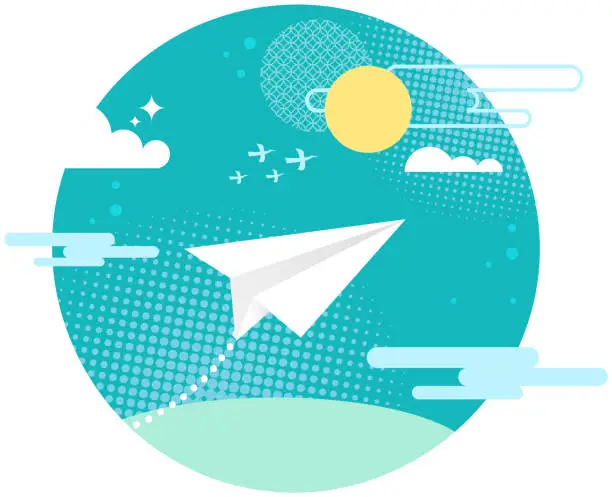 Vector illustration of Image of paper plane in sky in round frame. White airplane, aircraft among clouds and sun
