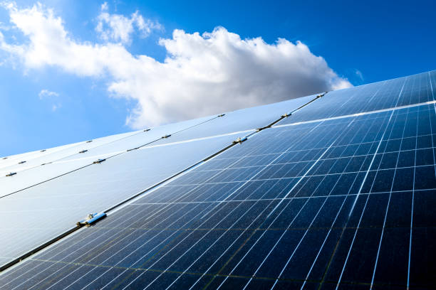 istock Smooth solar panels and beautiful sky landscape 1332497074