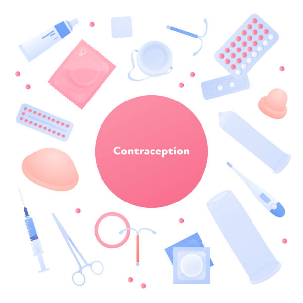 Contraception method concept. Vector flat color illustration. Square banner template. Collection of icons of different contraceptive methods. Birth control and pregnancy prevention. vector art illustration