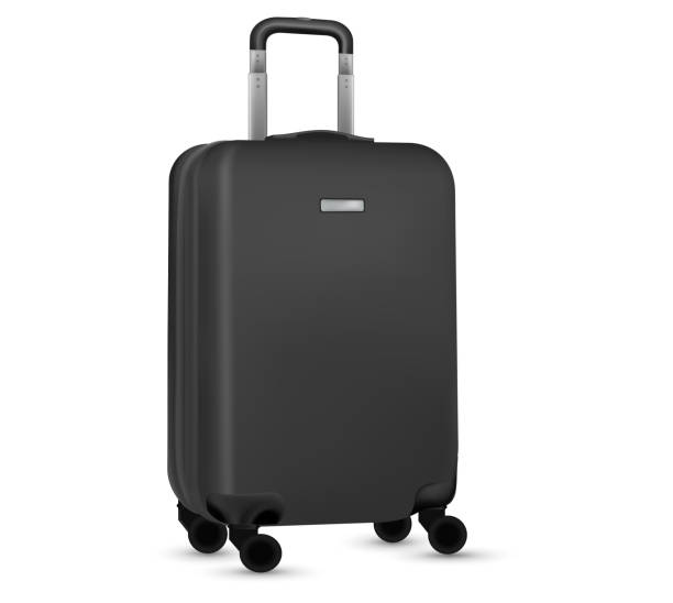 istock Travel suitcase isolated. Set of black plastic luggage or vacation baggage bag on white background. Design of summer vacation holiday concept. 1332501419