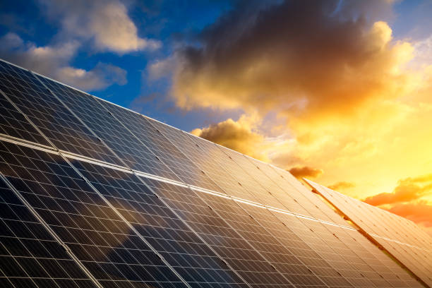 istock Solar power panels and beautiful natural landscape at sunset in summer 1332501565