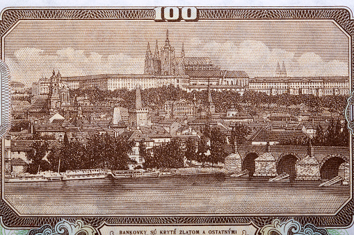 View of Prague from old Czechoslovak money - Koruna