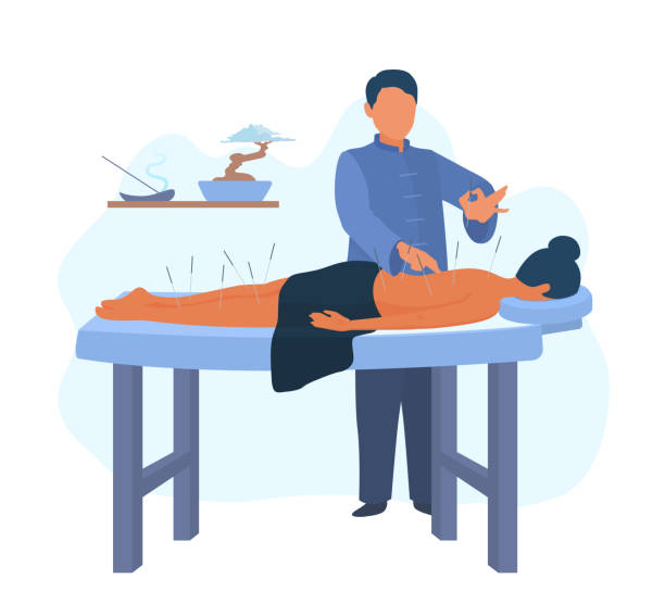 illustrations, cliparts, dessins animés et icônes de thérapie d’acupuncture. acupuncteur tenant une aiguille. un patient ment sur la table. médecine traditionnelle asiatique, traitement. - physical therapy back table patient