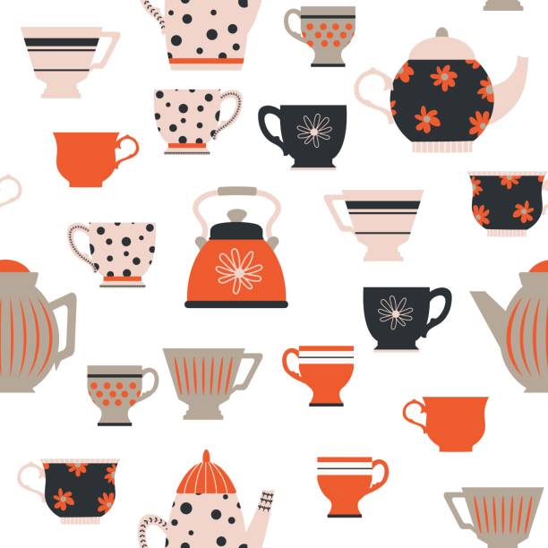 다른 색깔의 컵에서 매끄러운 패턴. 차, 커피, 음료. 배경 화면, 선물 종이, 인사말 카드, 직물, 직물, 직물, 웹 디자인에 적합합니다. 손으로 그린. 벡터 일러스트레이션 - chocolate nobody water tea stock illustrations