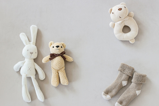 flat lay photo of cute newborn baby accessories and toys