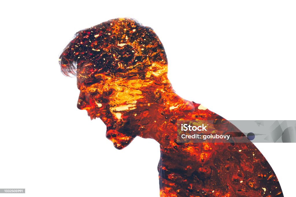mad scream angry man furious male silhouette lava Mad scream. Angry man. Conflict person. Aggression neurosis. Double exposure of furious male silhouette coated in red hot lava isolated on white background. Anger Stock Photo