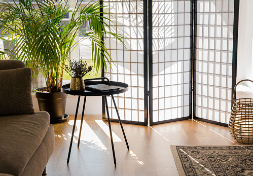 Sala de estar en casa con pantalla divisora de madera y papel que bloquea el sol de la ventana, mesa de acento de metal negro y sofá, colores naturales. photo