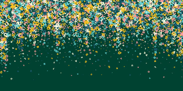 kuvapankkikuvitukset aiheesta putoavat englannin kielen kirjaimet. latinalaisen aakkosen kevyet lentävät sanat. vieraskielisten kielten opiskelukonsepti. todellinen takaisin koulun banneriin blackboard-taustalla - kirjallisuus