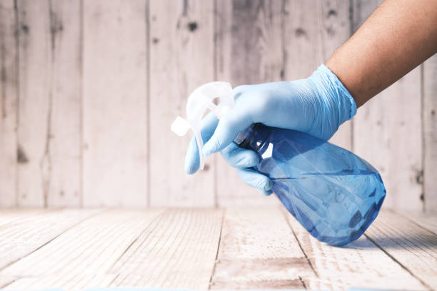 istock hand in blue rubber gloves holding spray bottle cleaning table 1332510822
