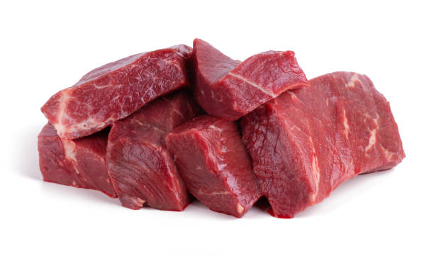 istock Fresh raw beef meat slices isolated on white background 1332513546