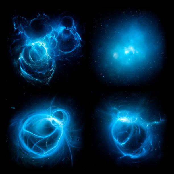 satz blau leuchtender plasma-energieobjekte im weltraum - übersinnliches stock-fotos und bilder