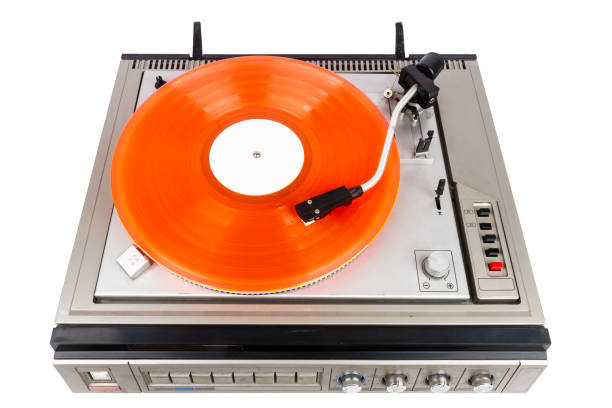 istock Vintage turntable record player with red vinyl 1332514511