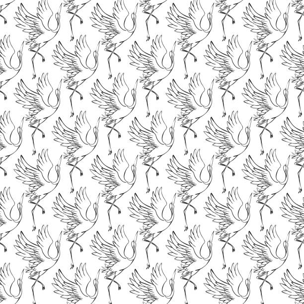 ilustraciones, imágenes clip art, dibujos animados e iconos de stock de patrón sin fisuras en forma de grullas de aves estilizadas volando en el cielo. sobre pájaros negros de fondo blanco. - traditional culture heron bird animal
