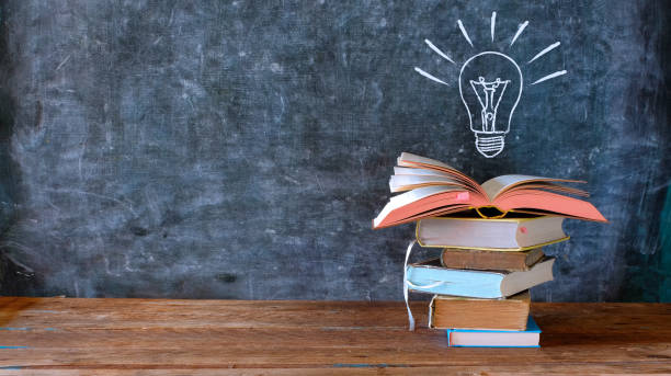 istock books and blackboard with drawing of a lightbulb,education,learning,reading,idea,creativity concept,large copy space 1332515841