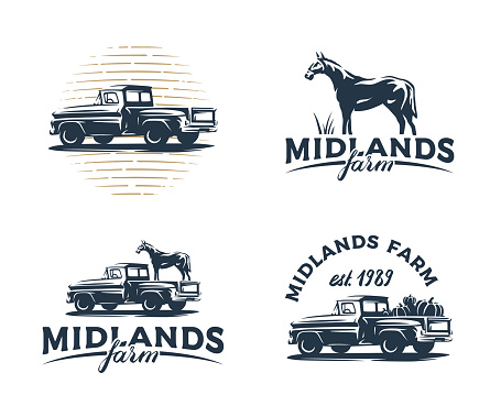 Farmer's market theme vintage style vector badges of an old school farm pickup truck with pumpkins and horse. Illustration for your sticker, logo, postcard, banner design.