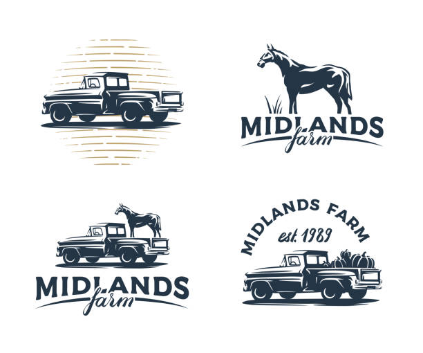 Farmer's market theme vintage style vector badges of an old school farm pickup truck with pumpkins and horse. Illustration for your sticker, logo, postcard, banner design. Farmer's market theme vintage style vector badges of an old school farm pickup truck with pumpkins and horse. Illustration for your sticker, logo, postcard, banner design. farmer silhouettes stock illustrations