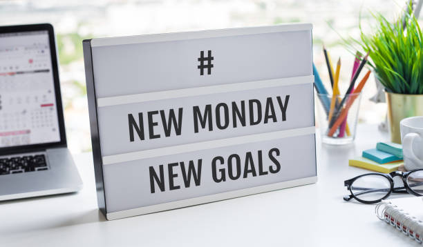 New monday new goals text on light box on desk.Business motivation and inspation stock photo