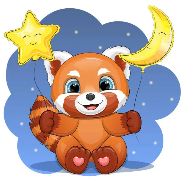 Vector illustration of Cute cartoon red panda with star and moon balloons.